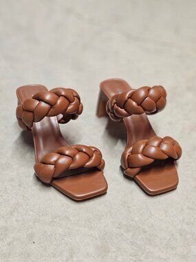 Braided Brown Block Heel Sandals With Square Toe Womens Stylish Open-Toe Slip-On